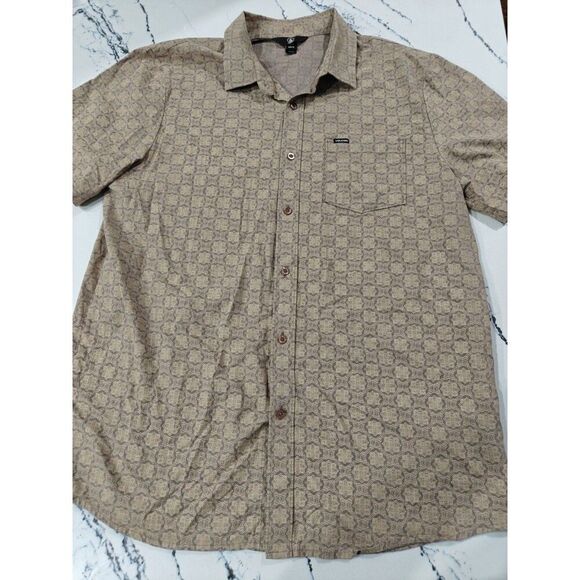 Volcom Yin Yang Short Sleeve Button Down Men’s Size XL Geometric Print Brown - Picture 2 of 9